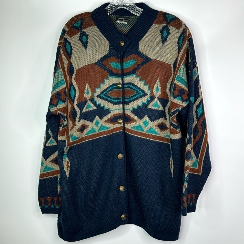Vintage Southern Lady Blue Turquoise Southwestern Button Sweater Medium